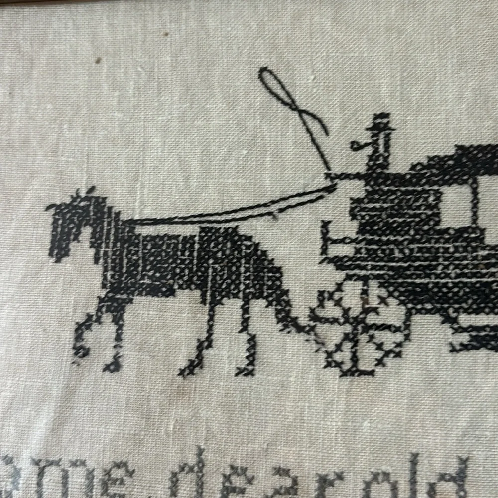 Vintage 1930 Framed Cross Stitch Sampler Horse Carriage Folk Art Cottagecore